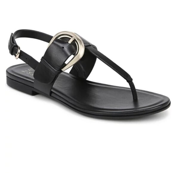 NEW Naturalizer Taylor Flat Sandals Black Leather 8W Ankle Strap - Picture 1 of 7